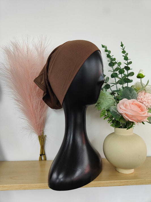 Bamboo Jersey Hijab Bond in Chocolate Brown, exclusively sold by Hikmah Boutique. Designed for both comfort and style, this hijab bond is a versatile and elegant addition to any hijabi's modest clothing, perfect for underscarf.