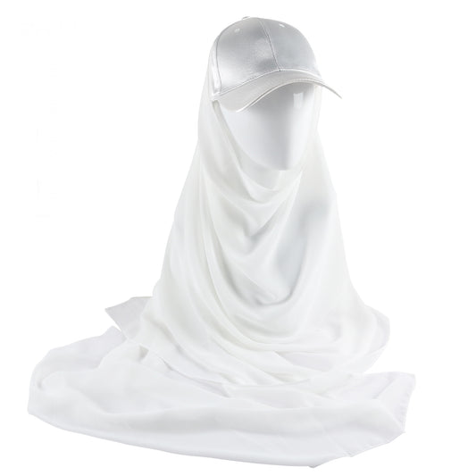 Step into a world of refined fashion and modesty with Hikmah Boutique's Snow White Satin Baseball Cap with Chiffon Hijab. This exquisite accessory redefines the classic baseball cap by seamlessly integrating the luxurious feel of satin with the graceful flow of chiffon hijab.