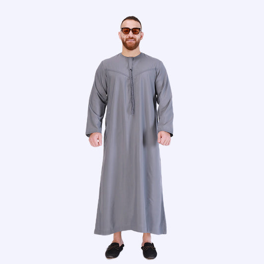 Daffah Men's Thobe Emirati Style in Slate Grey by Hikmah Boutique, a timeless and sophisticated Modest Clothing piece of traditional Islamic clothing crafted to perfection.