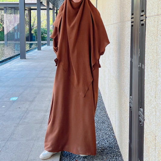 Chocolate Brown Crepe Crinkle Abaya With Khimar Set