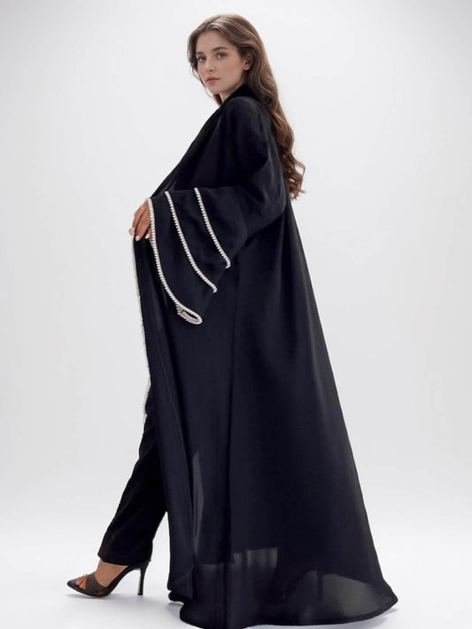 Shop the Plain Open Abaya with Beaded Sleeves at Hikmah Boutique Australia. Soft fabric, intricate beaded details, flowy design.