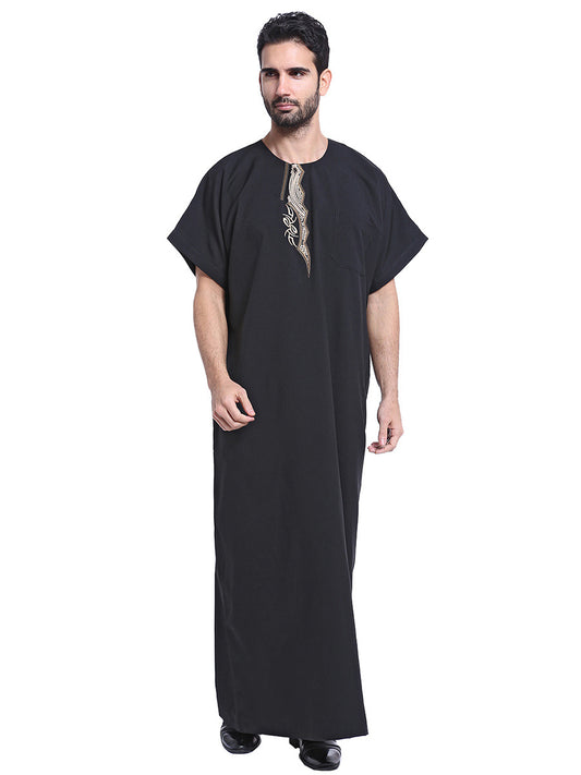 Summer Thobe Saudi Style In Black From Hikmah Boutique. Featuring intricate embroidery and comfortable half sleeves, this modest clothing is perfect for everyday wear.