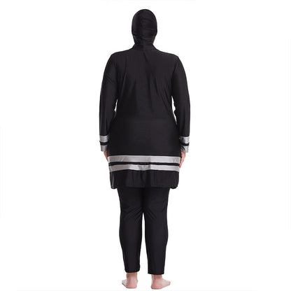 Dive into sophistication with Hikmah Boutique's Burkini, a 3-piece Modest Swimsuit Set in classic black. This ensemble, featuring a Hijab Ninja Cap, full-sleeve Top, and full Pants Trousers, caters to the diverse needs of modest swimmers. 