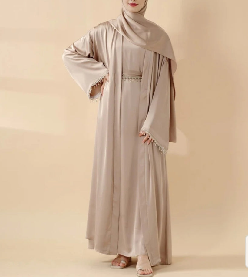 Rhinestones Satin Abaya 6 pcs Set - Golden Beige  Hikmah Boutique