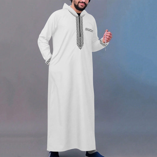 Embroidered Mens Thobe With Hoodie In White