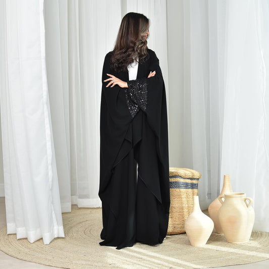Plain Open Abaya with Sequin Sleeves - Black