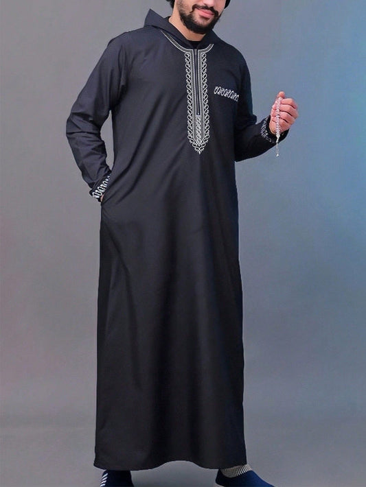 Embroidered Mens Thobe With Hoodie In Black