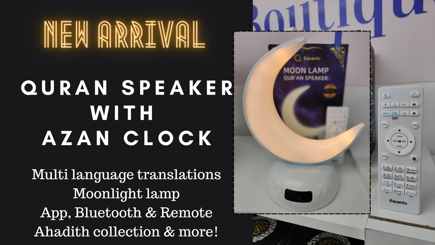 Elevate your spiritual journey with premium moon light Quran Speaker with Azan Clock by Hikmah Boutique. Featuring Azan Clock, Bluetooth control and convenient App control.