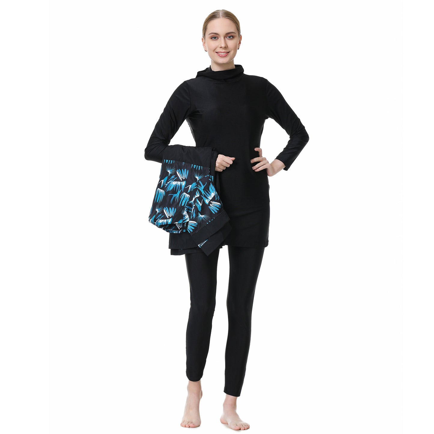 Black Burkini Modest Swimwear | Blue Floral Design | 3 Piece Set