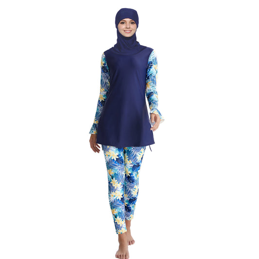 Blue Floral Modest Swimwear 3-Piece Set for women at Hikmah Boutique. This stylish set includes a modest top, pants, and hijab ninjacap for full coverage. Shop Modest Swimwear at Australia’s top Modest Clothing Store.