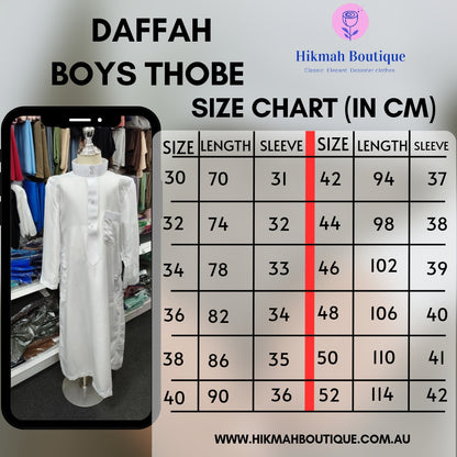 Shop the Boys Thobe in White at Hikmah Boutique, Sydney. Soft, light, and comfortable, perfect for Ramadan, Jummah prayer, or everyday wear. Available in all sizes and affordably priced!