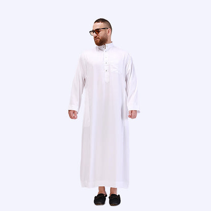 Daffah Men's Thobe in White, exclusive by Hikmah Boutique. Crafted with precision and attention to detail, this exquisite Thobe seamlessly blends Islamic Clothing tradition with modest clothing style, making it a must-have attire for every discerning gentleman who appreciate Muslim Clothing. 