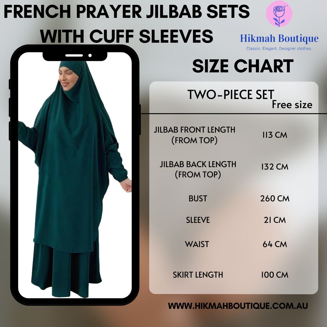 Elevate your prayer experience with our Black French Jilbab Prayer Set from Hikmah Boutique. This elegant one-size jilbab and skirt set, featuring cuff sleeves, combines style and modesty effortlessly. 