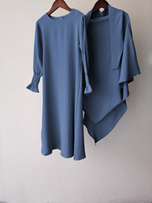 Girls Abaya with Khimar Set in Dusty Royal Blue. This stunning two-piece abaya for girls is modest, elegant and comfortable. Only at Hikmah Boutique Australia.