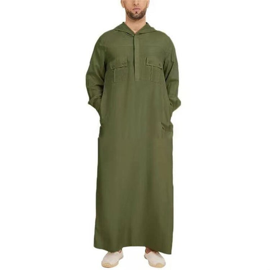 Discover our exclusive collection of hooded mens thobes in a captivating green color at Hikmah Boutique. Explore modern designs, tailored fits, and functional pockets. Elevate your style with fashionable and comfortable Islamic clothing for men. Shop now and embrace the elegance of Arabian attire. Shop at Hikmah Boutique
