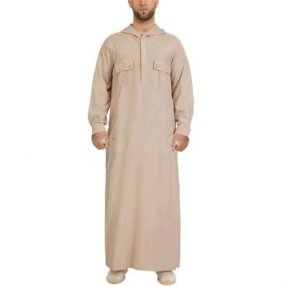 Explore our exclusive collection of hooded Mens thobes in khaki color at Hikmah Boutique. Discover modern designs, tailored fits, and functional pockets. Elevate your style with fashionable and comfortable Islamic clothing for men. Shop now and embrace the elegance of Arabian attire. Shop online at Hikmah Boutique. 