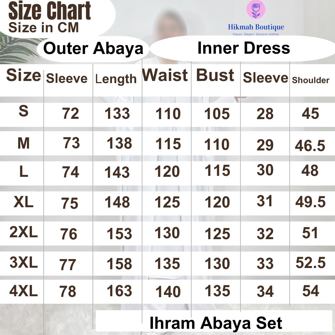 Ihram Abaya Set in White, by Hikmah Boutique designed for comfort and elegance. This ladies Ihram 3-piece set includes an open abaya, a maxi slip-on inner abaya with short sleeves, and a matching belt. Perfectly tailored to meet all women's Ihram requirements