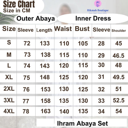 Ihram Abaya Set in White, by Hikmah Boutique designed for comfort and elegance. This ladies Ihram 3-piece set includes an open abaya, a maxi slip-on inner abaya with short sleeves, and a matching belt. Perfectly tailored to meet all women's Ihram requirements