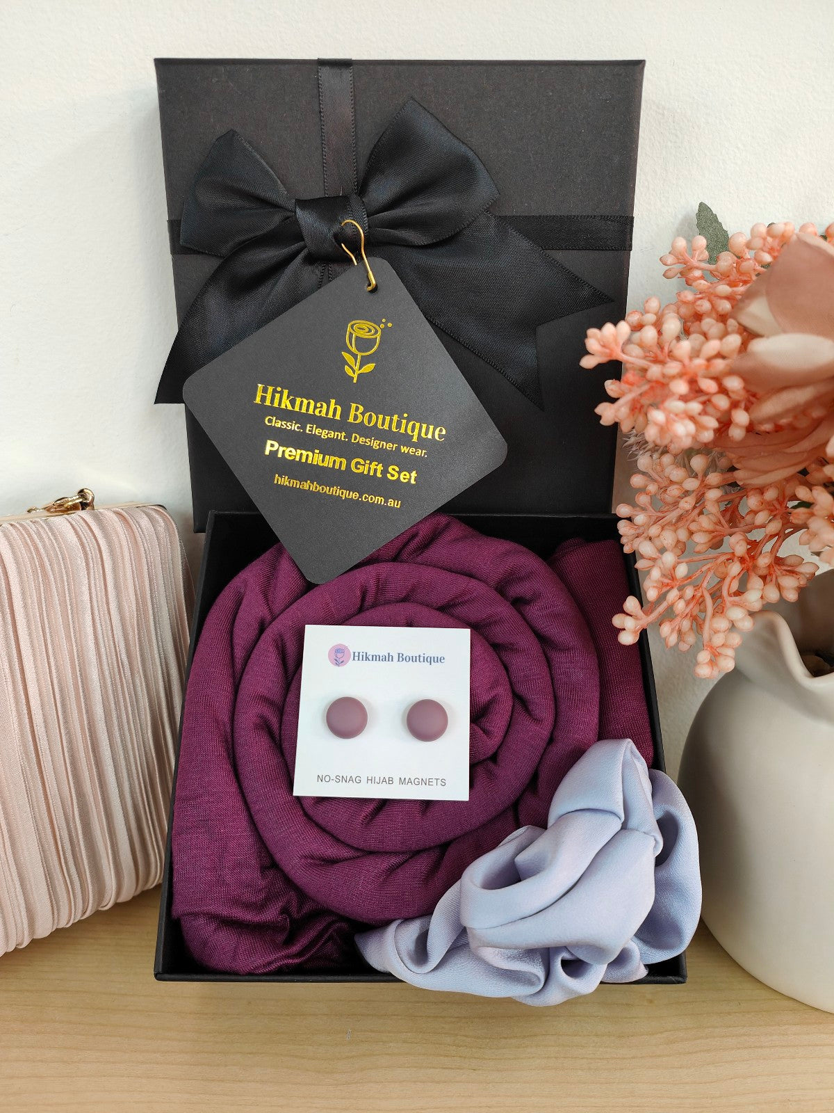 Discover the elegance and comfort of the Jersey Hijab Gift Set sold by Hikmah Boutique. You can choose your favorite color of Jersey Hijab. This exquisite Hijab gift set includes one premium Jersey Hijab, Hijab Cap and matching accessories.