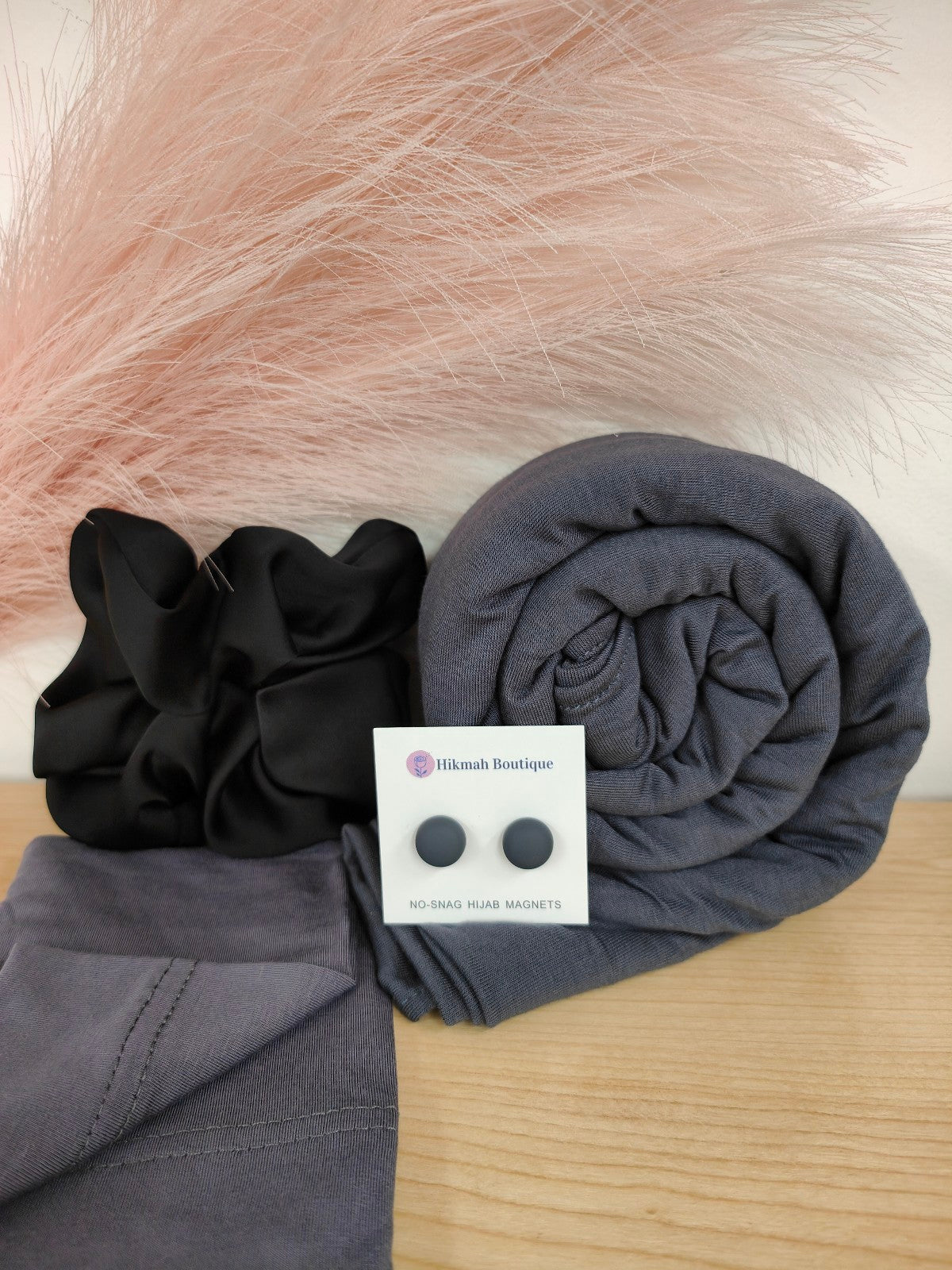 Jersey Hijab Gift Set - Slate Grey: Discover the elegance and comfort of the Jersey Hijab Gift Set - Gloxinia, exclusively sold by Hikmah Boutique. This exquisite Hijab gift set includes one premium Jersey Hijab, Hijab Cap and matching accessories.