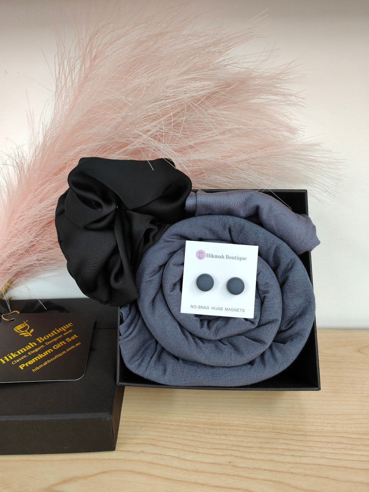 Jersey Hijab Gift Set - Slate Grey: Discover the elegance and comfort of the Jersey Hijab Gift Set - Gloxinia, exclusively sold by Hikmah Boutique. This exquisite Hijab gift set includes one premium Jersey Hijab, Hijab Cap and matching accessories.