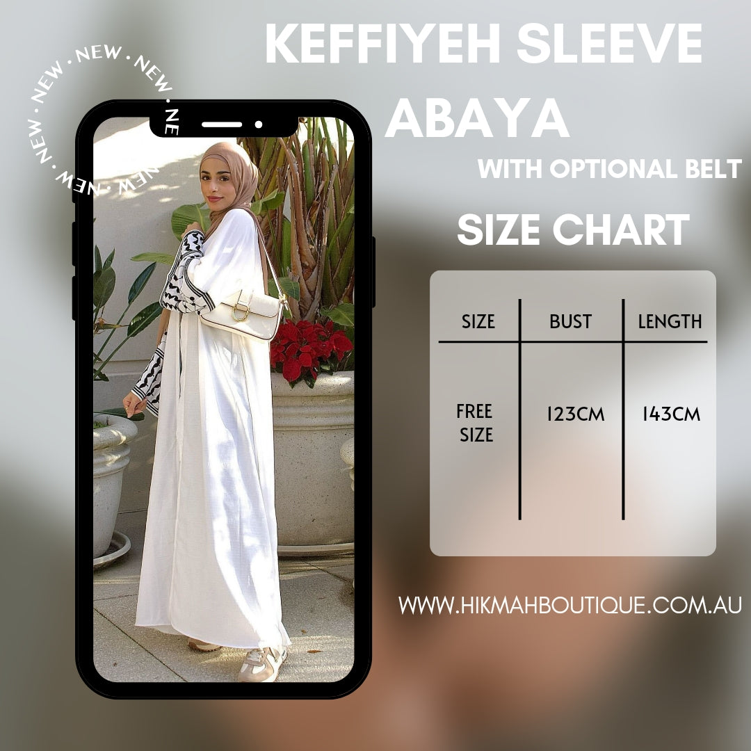 Elevate your style with the Keffiyeh Sleeve Abaya in Black. A powerful blend of tradition and modesty. Buy this symbolic abaya online at Hikmah Boutique today.