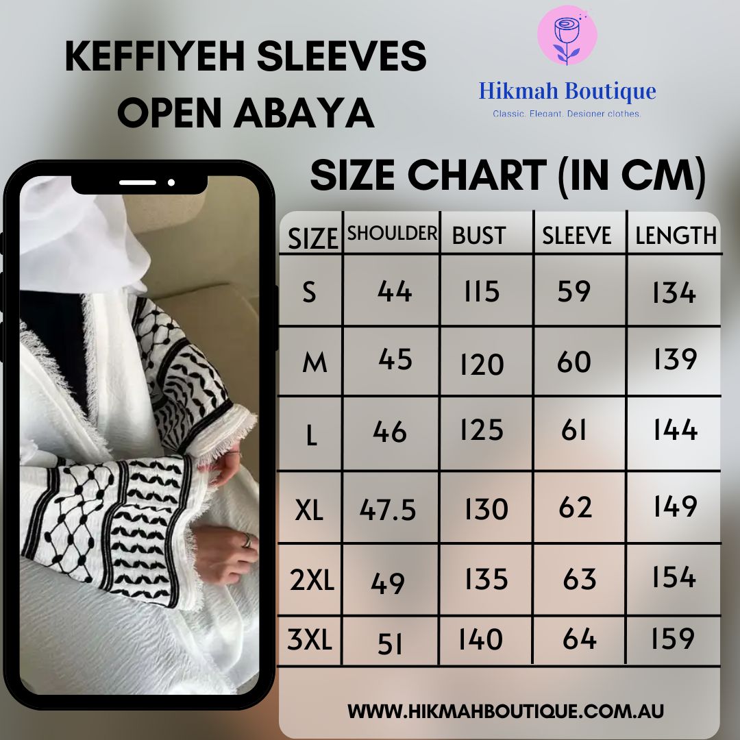 Make a bold statement with our stunning Black Keffiyeh Sleeve Open Abaya from Hikmah Boutique. A timeless piece that effortlessly combines style and modesty.