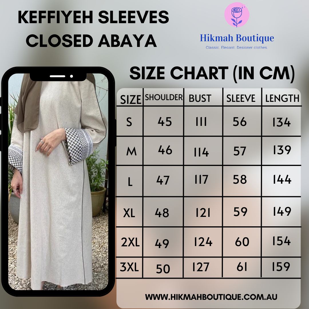 Show your solidarity with Palestine in style with the Keffiyeh Sleeve Abaya in Black by Hikmah Boutique. This modest, closed abaya is designed with beautiful fabric. Buy online or visit our store in Sydney, Australia.