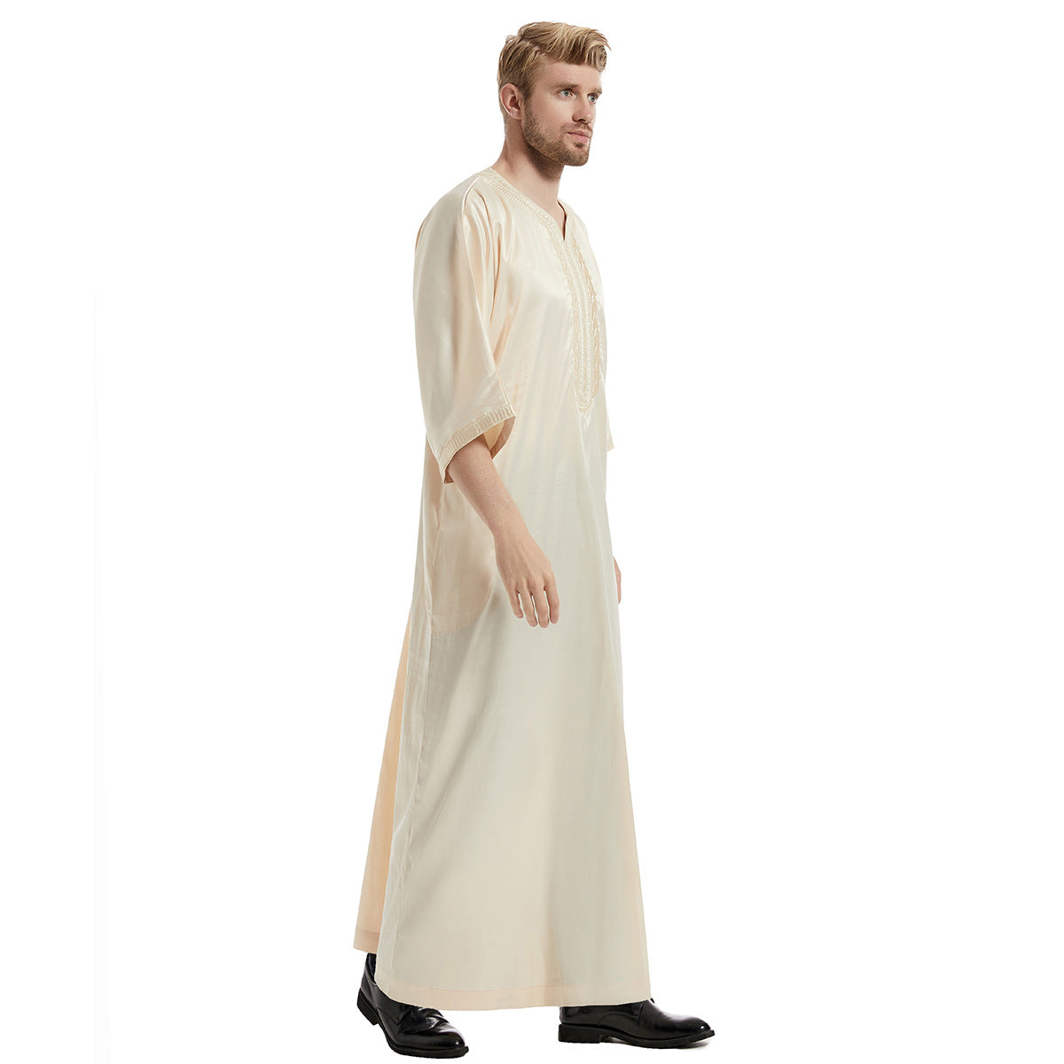 Discover elegance and modesty with Hikmah Boutique's Men's Abaya Half Sleeves in Beige. Premium materials and featuring exquisite embroidery, this abaya offers both style and comfort at a reasonable price. Elevate your Modest Clothing wardrobe with our exclusive collection of Islamic clothing for men. Shop now!