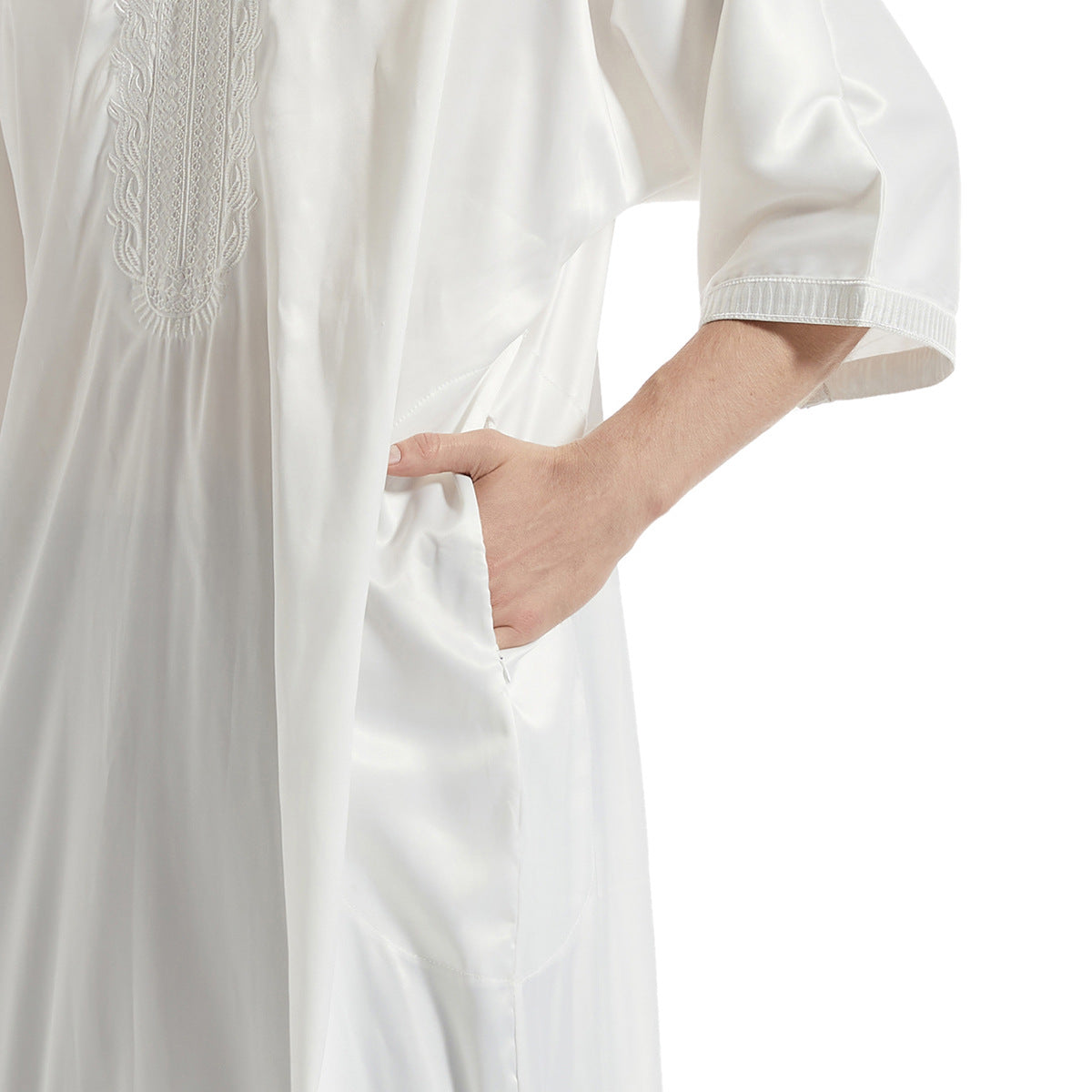 Explore Hikmah Boutique's exclusive Men's White Half Sleeves Abaya, crafted with premium materials and featuring delicate embroidery. Elevate your modest clothing wardrobe with our affordable yet sophisticated Islamic clothing for men.