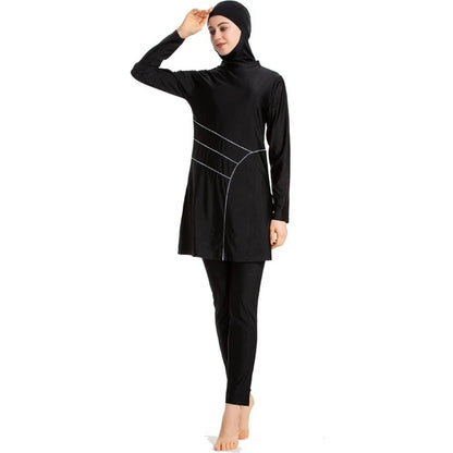 Modest Swimwear Burkini in Black, exclusively available at Hikmah Boutique. This Burkini set includes a top, pants, and a ninja cap. Our Islamic Swimwear ensuring full modest coverage for all your swimming and water activities.