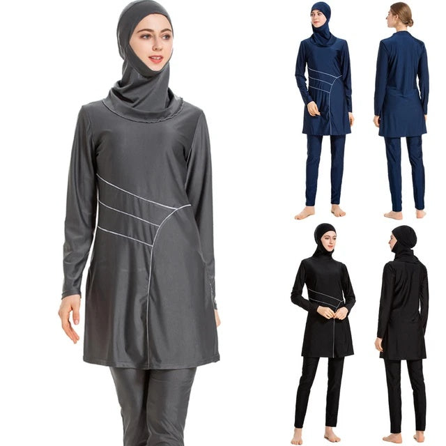 Modest Swimwear Burkini in Black, exclusively available at Hikmah Boutique. This Burkini set includes a top, pants, and a ninja cap. Our Islamic Swimwear ensuring full modest coverage for all your swimming and water activities.