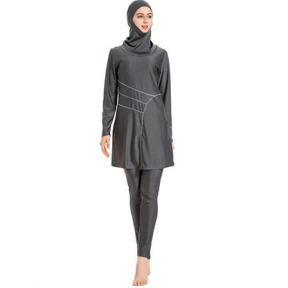 Modest Swimwear Burkini in Grey, exclusively available at Hikmah Boutique. This Burkini set includes a top, pants, and a ninja cap. Our Islamic Swimwear ensuring full modest coverage for all your swimming and water activities.