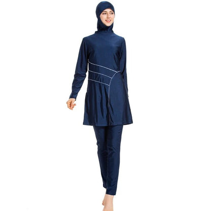 Modest Swimwear Burkini in Navy, exclusively available at Hikmah Boutique. This Burkini set includes a top, pants, and a ninja cap. Our Islamic Swimwear ensuring full modest coverage for all your swimming and water activities.