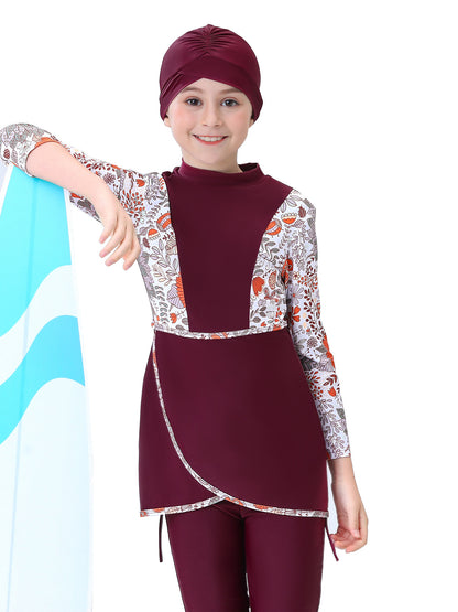 Shop Floral Red Modest Swimwear for Girls by Hikmah Boutique, a 3-piece Muslim swimsuit with top, trousers, and hijab cap. Available exclusively online at Hikmah Boutique. Fast shipping across Australia.