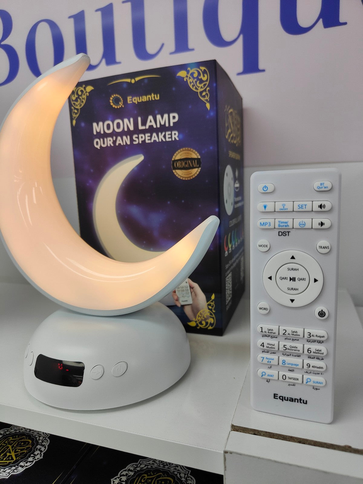 Elevate your spiritual journey with the premium Moon Light Quran Speaker with Azan Clock by Hikmah Boutique. Featuring Azan Clock, Bluetooth Control, and convenient App Control for a seamless and enriching experience. Elevate your spiritual experience with our premium Moon Light Quran Speaker with Azan Clock.