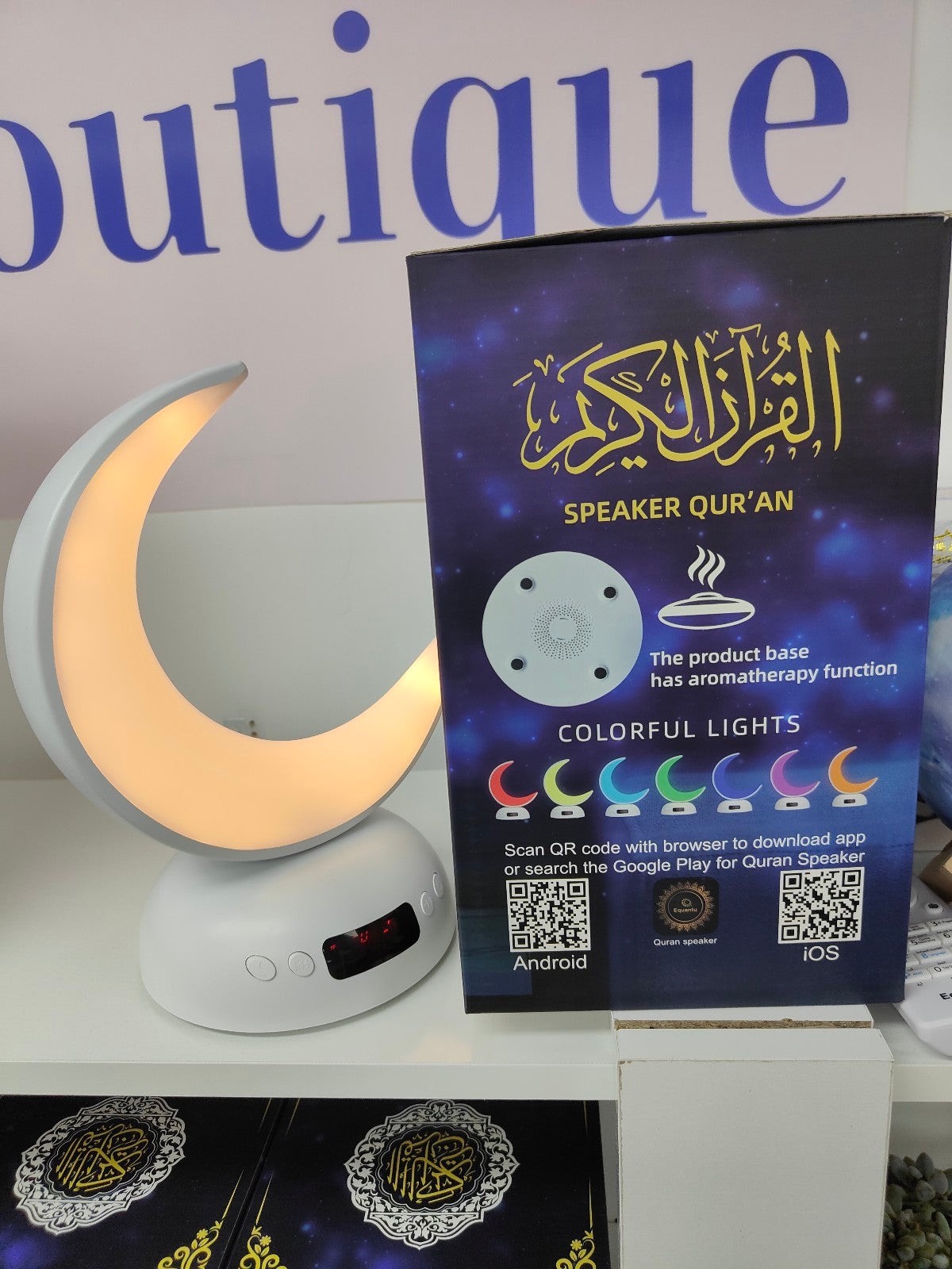 Elevate your spiritual journey with the premium Moon Light Quran Speaker with Azan Clock by Hikmah Boutique. Featuring Azan Clock, Bluetooth Control, and convenient App Control for a seamless and enriching experience. Elevate your spiritual experience with our premium Moon Light Quran Speaker with Azan Clock.