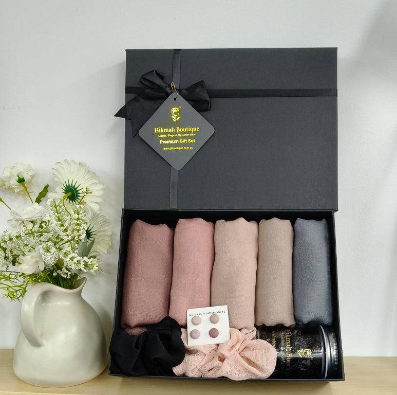 Hijab Gift Box at Hikmah Boutique! Includes 5 premium viscose hijabs, matching undercaps, scrunchies, hijab magnets, and Ajwa dates. A thoughtful gift. Shop now in-store in Sydney or online with worldwide delivery!