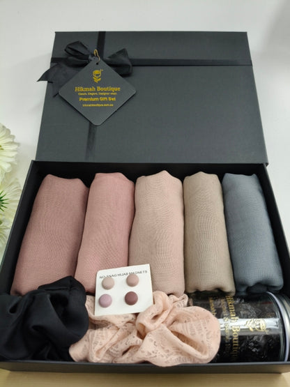 Hijab Gift Box at Hikmah Boutique! Includes 5 premium viscose hijabs, matching undercaps, scrunchies, hijab magnets, and Ajwa dates. A thoughtful gift. Shop now in-store in Sydney or online with worldwide delivery!