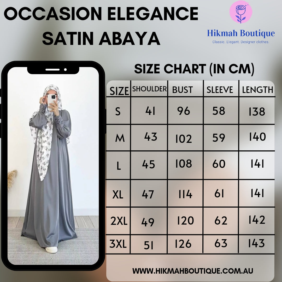 Shop the Occasion Elegance Satin Abaya in Pearl Grey at Hikmah Boutique Australia. This luxurious and elegant abaya is perfect for special occasions. Buy online today!