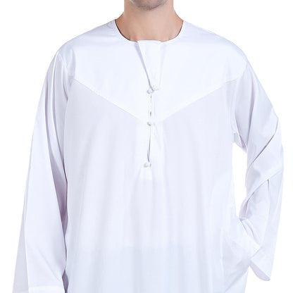 Explore our exclusive Omani Men's Thobe in White, available only at Hikmah Boutique. Discover a perfect blend of tradition and modernity with this classic Islamic garment. Made from premium linen and cotton, our men's thobe offers unparalleled comfort. Ideal for weddings and special occasion. Shop at competitive price.