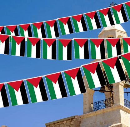 Elevate your celebrations with our Palestine Bunting Flags from Hikmah Boutique. This set of 20 flags, each measuring 21cm x 14cm, spans 5 meters, offering a vivid representation of Palestinian heritage. Crafted for authenticity and durability, make a powerful statement at your events—order now!