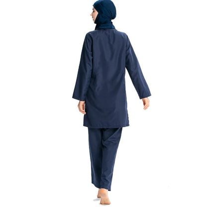 Discover the Women’s Plain Navy Burkini Modest Swimwear Set at Hikmah Boutique. A stylish, modest 3-piece set, available in all sizes. Shop online for premium Islamic swimwear.