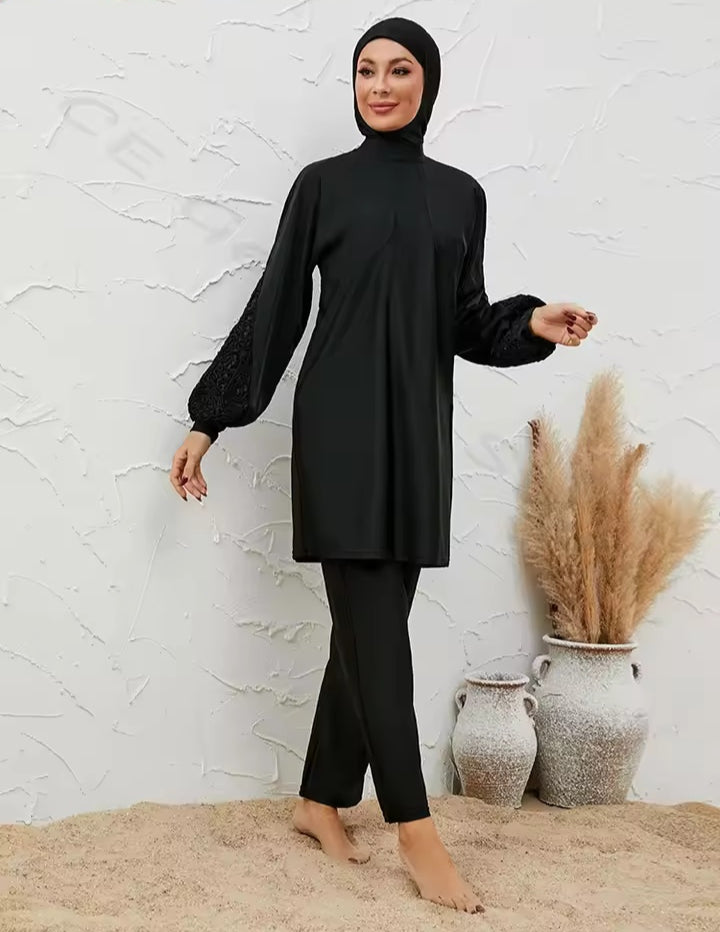 Discover the Women’s Plain Black Burkini Modest Swimwear 3 Piece Set at Hikmah Boutique. A stylish, modest 3-piece set, available in all sizes. Shop online for premium Islamic swimwear.