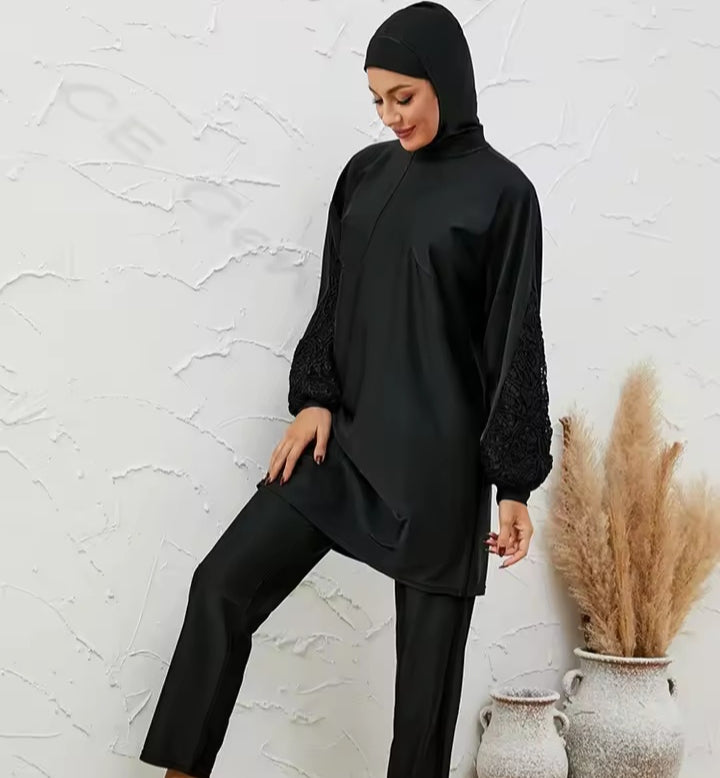 Discover the Women’s Plain Black Burkini Modest Swimwear 3 Piece Set at Hikmah Boutique. A stylish, modest 3-piece set, available in all sizes. Shop online for premium Islamic swimwear.