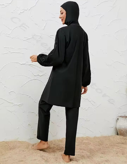 Discover the Women’s Plain Black Burkini Modest Swimwear 3 Piece Set at Hikmah Boutique. A stylish, modest 3-piece set, available in all sizes. Shop online for premium Islamic swimwear.