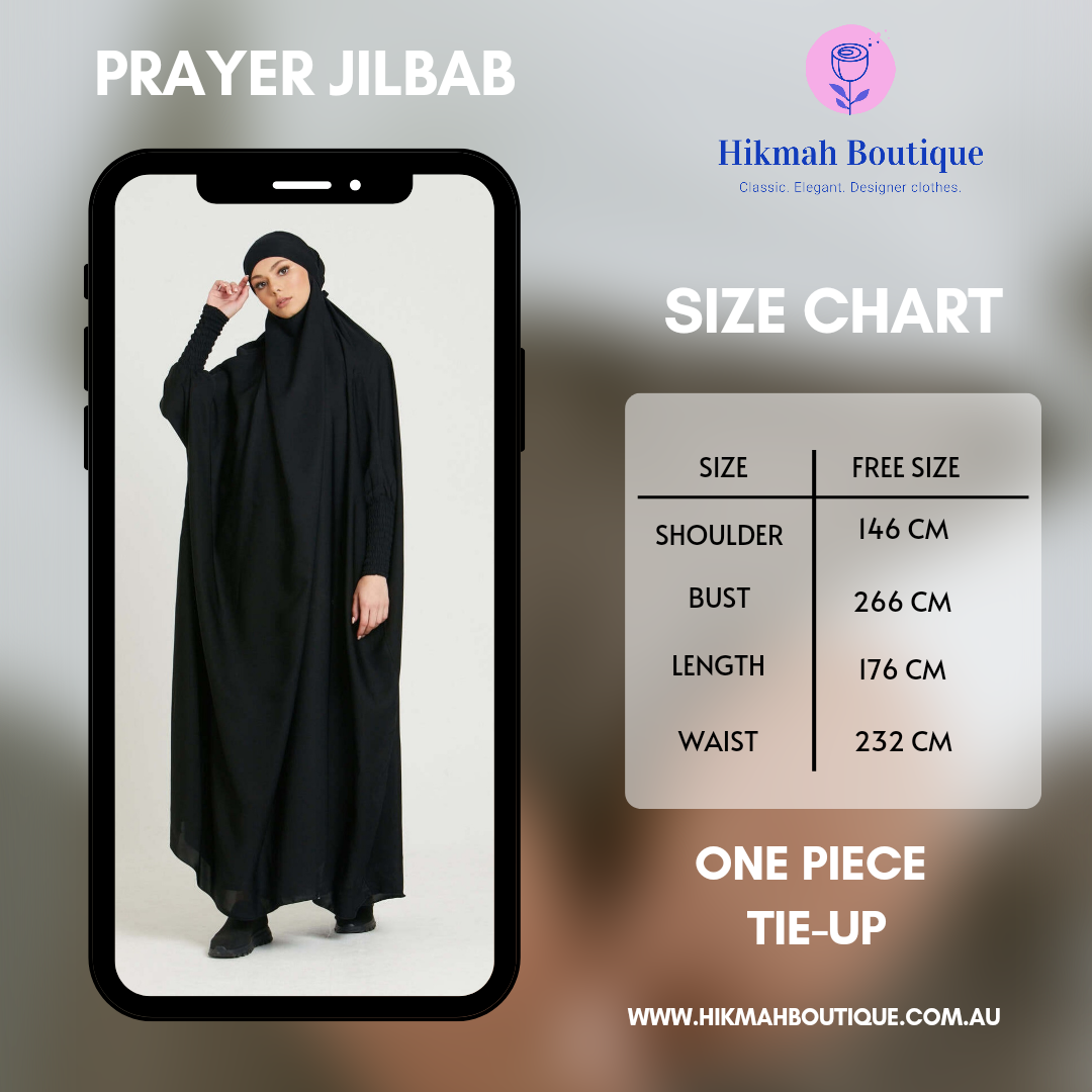 Step into timeless sophistication with our Black One Piece Tie-Up Jilbab. Meticulously crafted for confident praying Salah, this Islamic garment combines enduring modesty with chic style. Find your perfect prayer companion at Hikmah Boutique.
