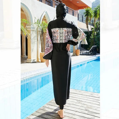 Printed Modest Swimwear 3-Piece Set for women at Hikmah Boutique. This stylish set includes a modest top, pants, and hijab ninjacap for full coverage. Shop Modest Swimwear at Australia’s top Modest Clothing Store.