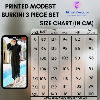 Printed Modest Swimwear 3-Piece Set for women at Hikmah Boutique. This stylish set includes a modest top, pants, and hijab ninjacap for full coverage. Shop Modest Swimwear at Australia’s top Modest Clothing Store.