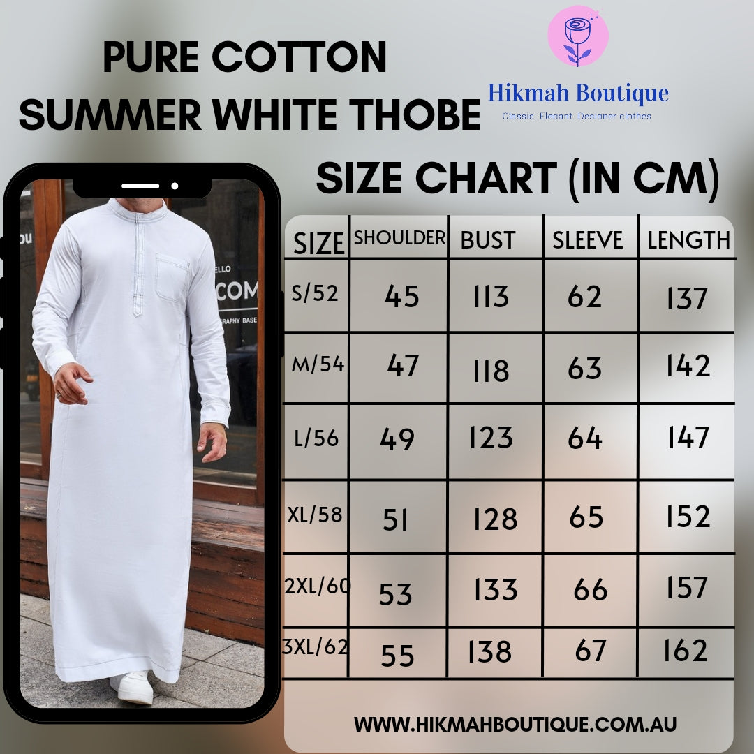 Pure Cotton Saudi White Thobe. This authentic thobe is made from pure cotton fabric and features a standard half collar, long sleeves, chest buttons, and pockets. Shop now at Hikmah Boutique Australia.